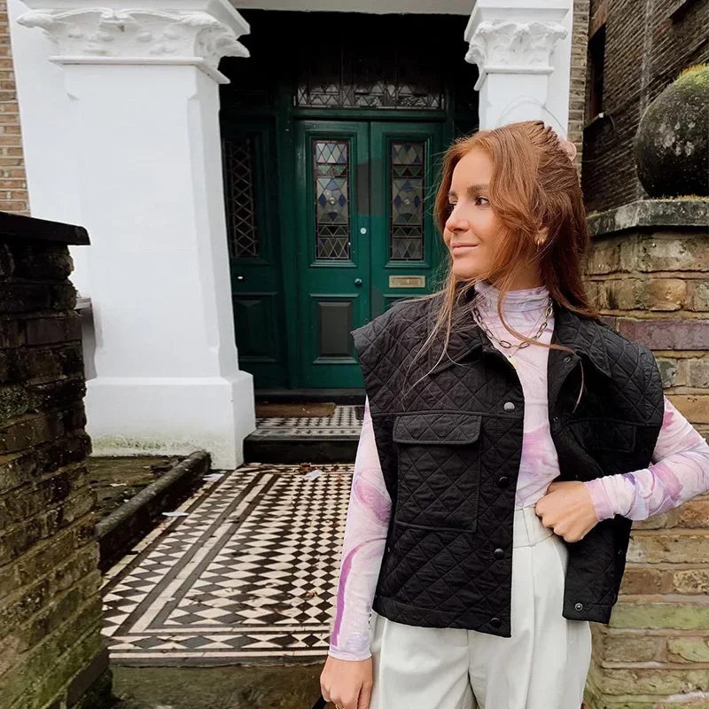 Button Streetwear Quilted Vest Coats Sleeveless Winter Clothes Women Simple Turn Down Collar Solid Jacket Cotton Coat 2024 Parka