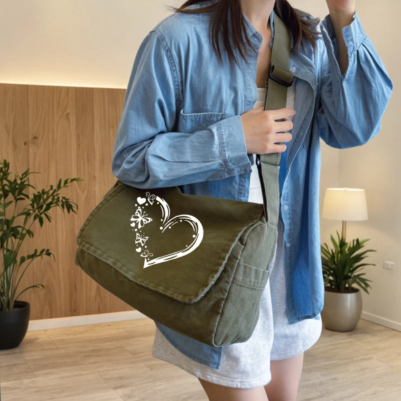 Casual Women's Shoulder Bag Crossbody Bag Butterfly Heart Print Canvas Large Capacity Messenger Bag