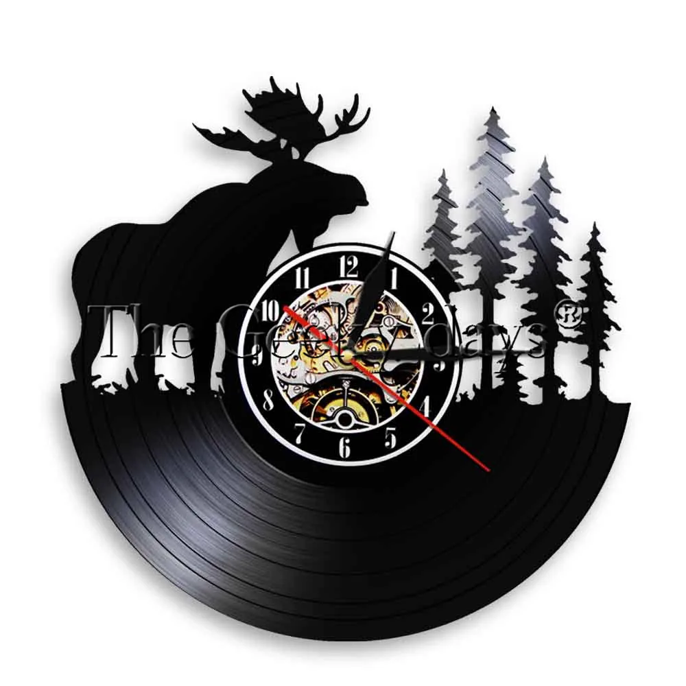 

Wild Woodland Animal Forest Bull Elk Wall Clock Wildlife Exclusive Hanging Lamp Vinyl Record Clock Wall Art