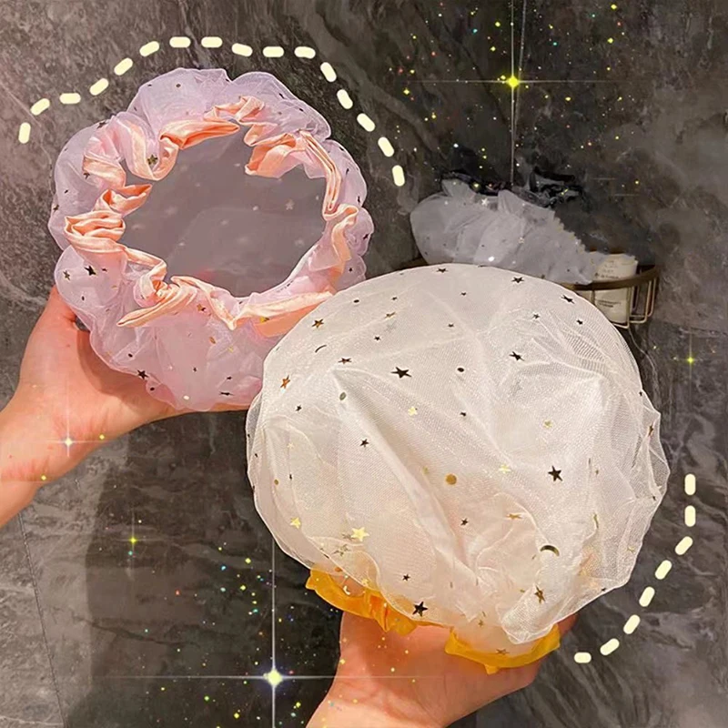 

Double Layer Starry Sky Design Thick Waterproof Shower Cap Star Pattern Bathroom Hair Salon Supplies Bath Hat Bonnets For Women