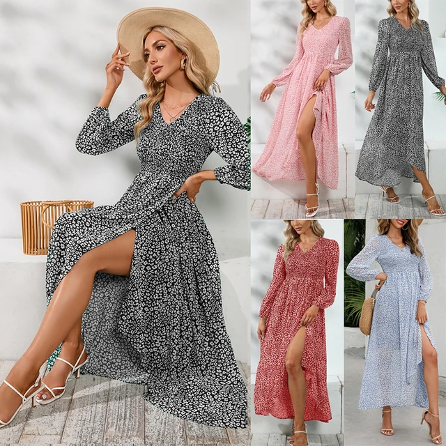 Fashion Chiffon One-Piece Maxi Dress Women Red Long Sleeves Summer 