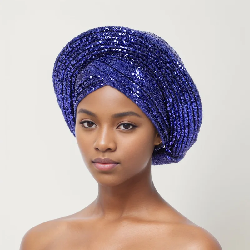 Pailletten Auto Gele Headtie afrikanischen Frauen Kopf wickel Mode Turban Kappe Nigeria Hochzeit Geles bereits gemacht Kopf binder Kopf bedeckung – Detail 14