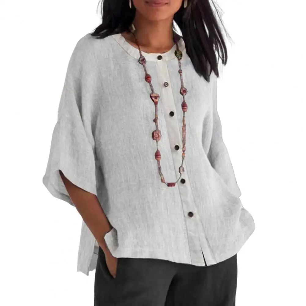 

Women Fall Shirt Vintage Three Quarter Sleeve Round Neck Top Solid Color Single-breasted Breathable Cardigan Lady Top Blouse
