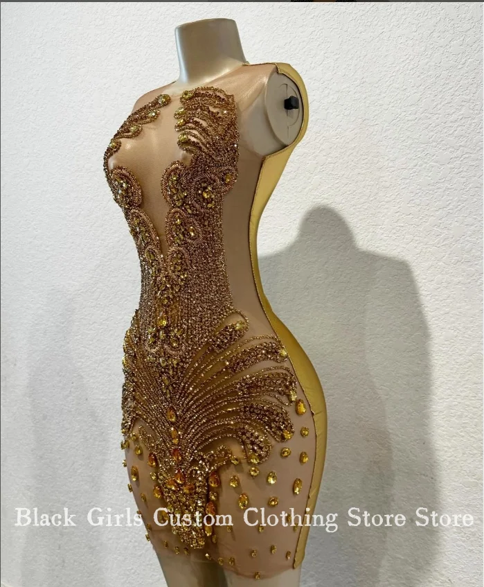 Luxury Gold Diamante Short Cocktail Dresses Women Sexy Crystal Rhinestone Prom Celebrity Gowns Robes Habill&eacute;es Custom