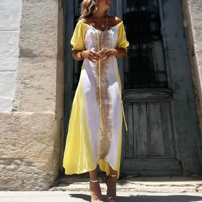 

Women Casual V-Neck Irregular Maxi Dress Fashion Lace-Up Short Sleeve Party Dress 2023 Summer Bohemian Print Holiday Beach Dress