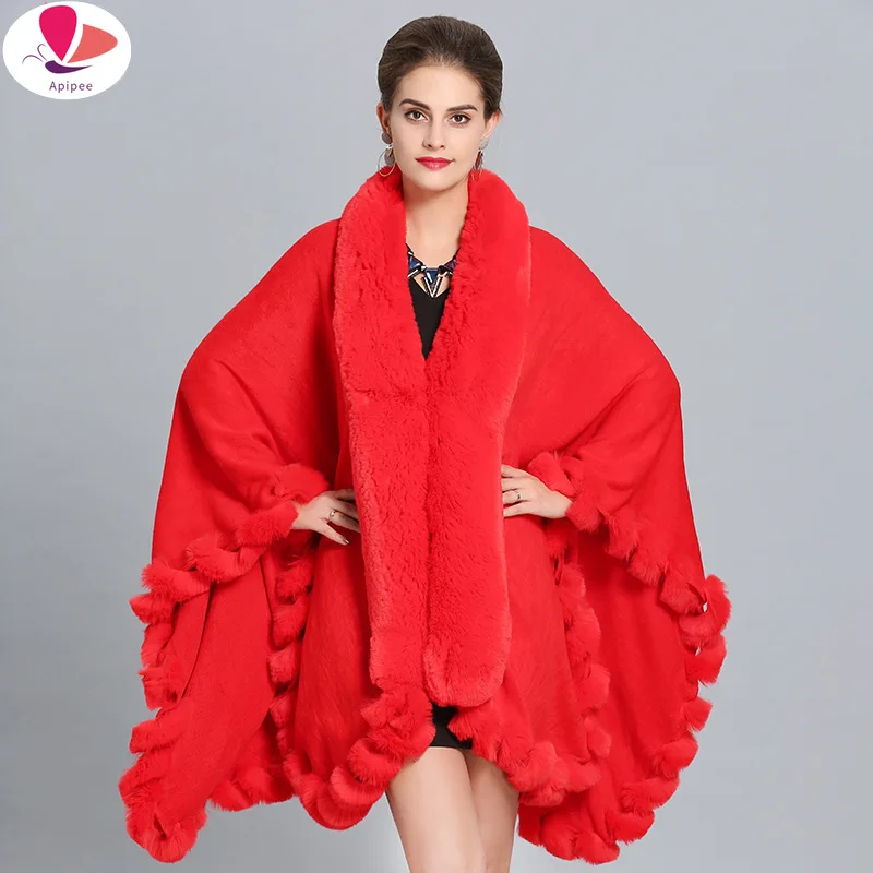 

EuropeStyle Fashion Double Fox Fur Coat Cape Hooded Knit Cashmere Cloak Cardigan Outwear Women Winter New Shawl 1.1kg