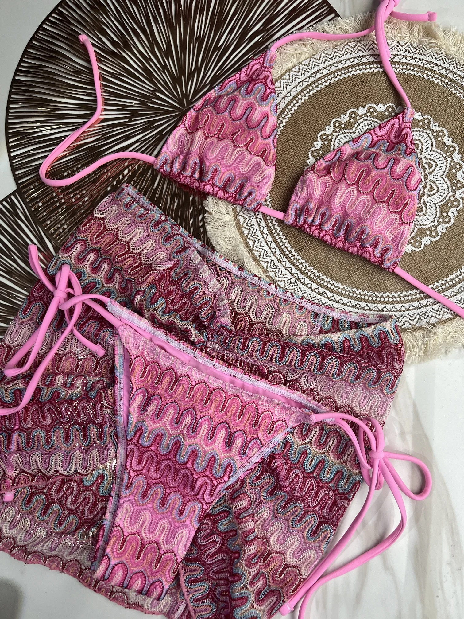 Zigzag Bikini Three Piece Swimwear with Skirt Knitting Bikini Set Bikini Swimsuit Women Swimwear