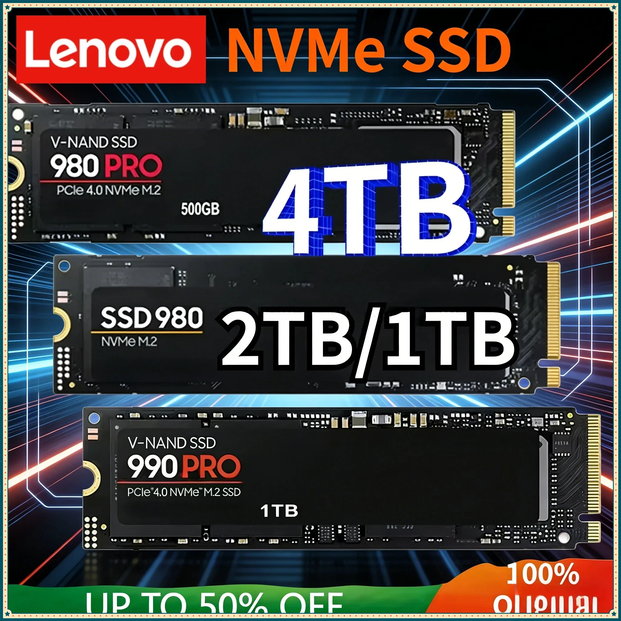 레노버 980Pro/990Pro M2 SSD 솔리드 스테이트 드라이브 1TB, 2TB, 4TB, PCIe 4.0 NVMe, 7400MB/s 노트북 및 PC 데스크탑에 적합