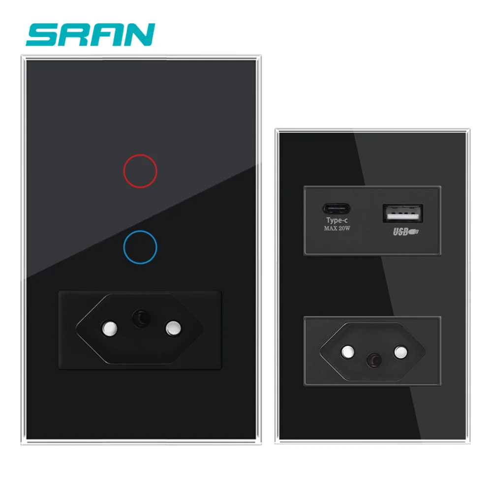 SRAN Smart wifi switch and Non intelligent Brazil Socket , 118*72mm Glass Panel,Tuya smart home switches Usb outlet