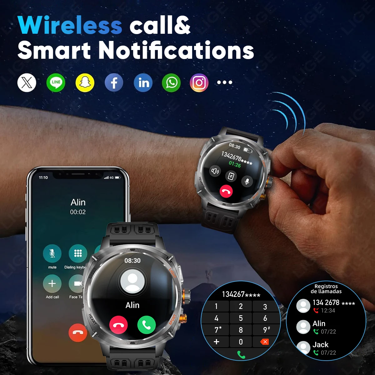 LIGE 2026 New Outdoor 800mAh AMOLED Smart Watch Men Flashlight BT Call Heart Rate Sleep Monitoring Waterproof Health Smart Watch