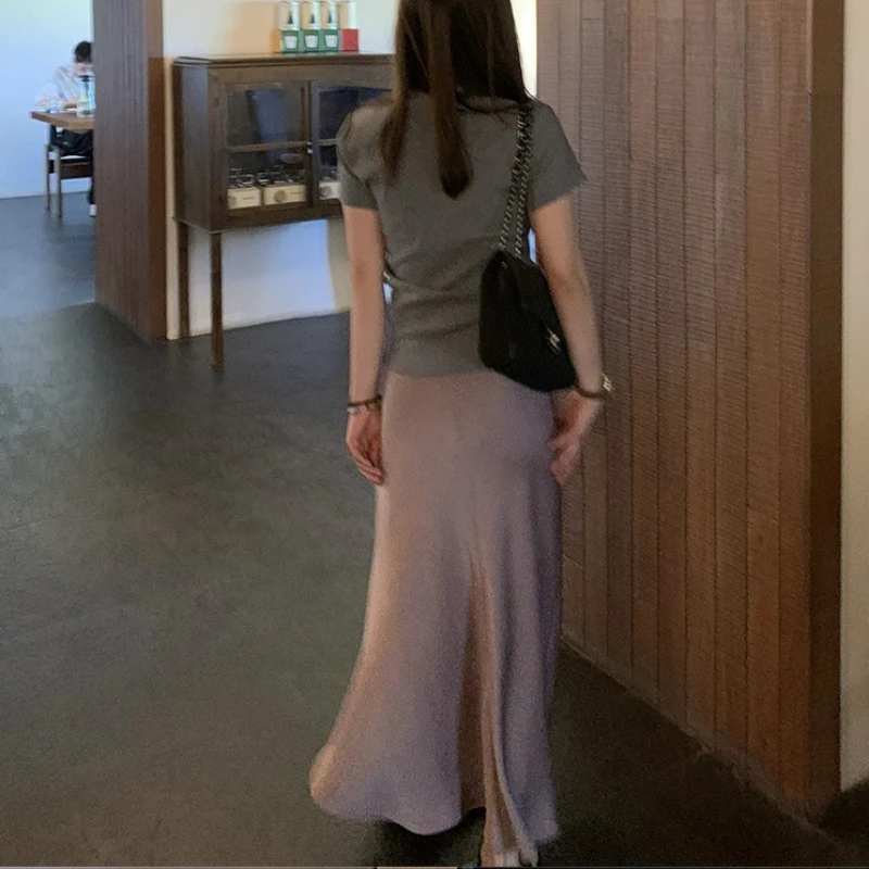 Silk Satin Skirts for Women Korean Style Champagne Office High Waist A-line Skirt Fashion Elegant Solid Long Pencil Skirt