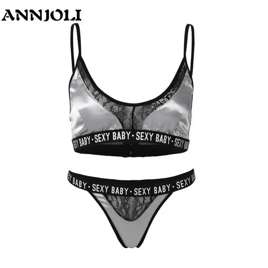 ANNJOLI Sexy Women's Underwear Bra Set Bralette Women Bra Letter Print Lace Patchwork Women's Underwear Sets and Panty Set