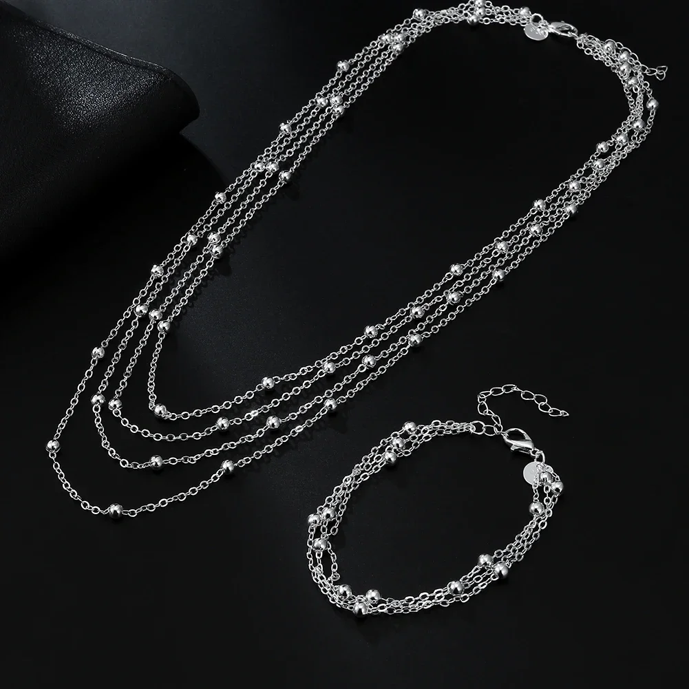 Silver jewelry set 925 Sterling Silver Tassel beads Bracelets necklaces for Women Party Wedding
