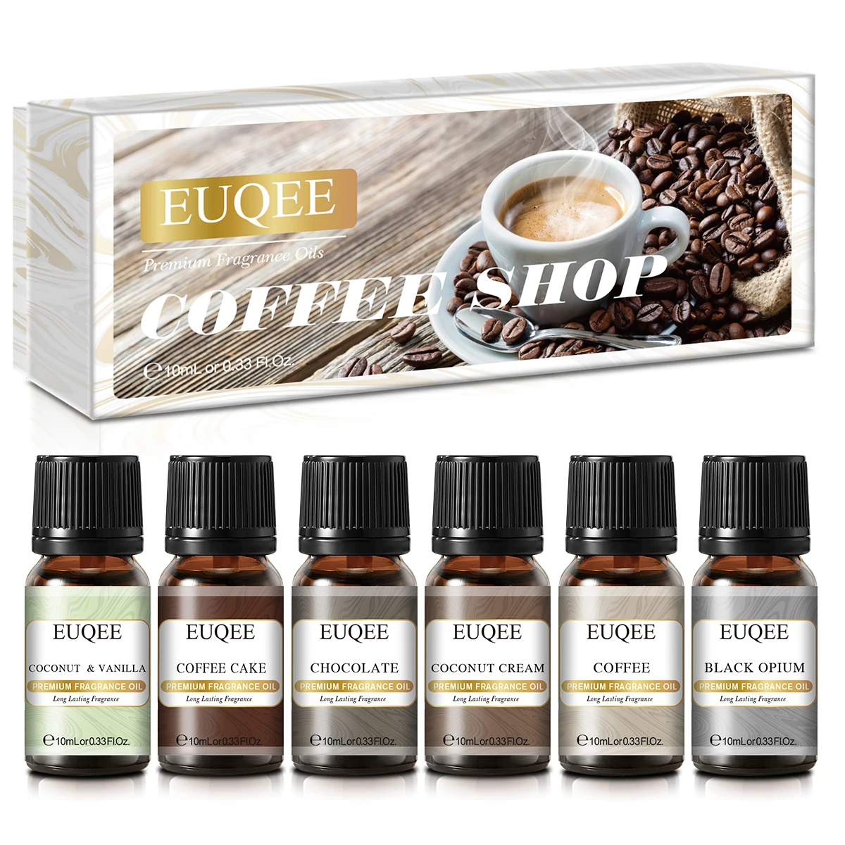 

EUQEE Coffee Shop Fragrance Oil Set for DIY Soap Candle -Coffee Cake,Coconut Vanilla,Chocolate,Coffee,Coconut Cream-（6*10ml）