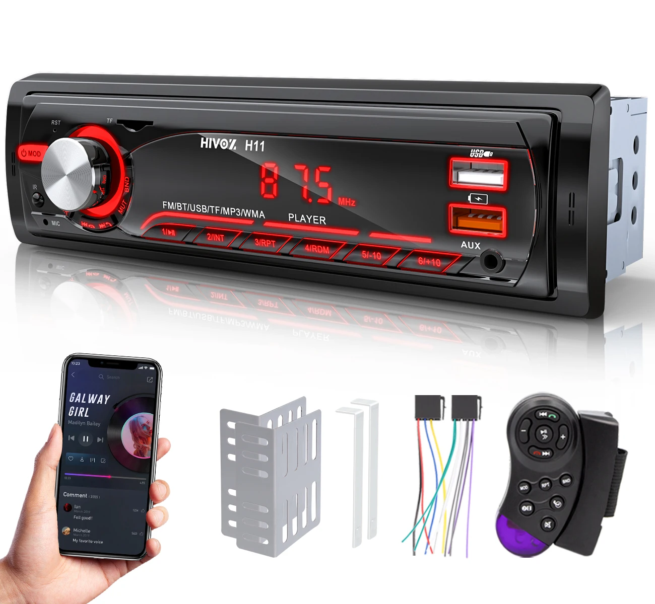 HIVOZ Car 1din Audio Radio Bluetooth Stereo MP3 Player FM Receiver 12V Support Phone Charging AUX/USB/TF Card In Dash Kit