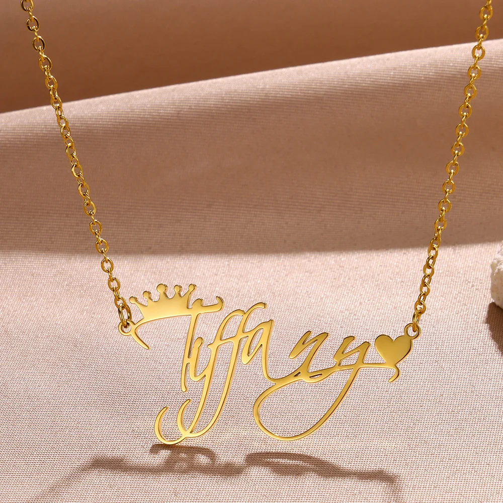 

Custom Cursive Font Crown Heart Name Necklace Women Girl Party Jewelry Stainless Steel Personalized Nameplate Pendant Necklace