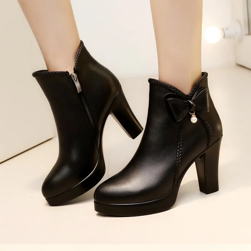 High quality short ankle leather boots for women 11cm high heel platform new 2023 autumn winter 33 42 43  elegant shoe - black