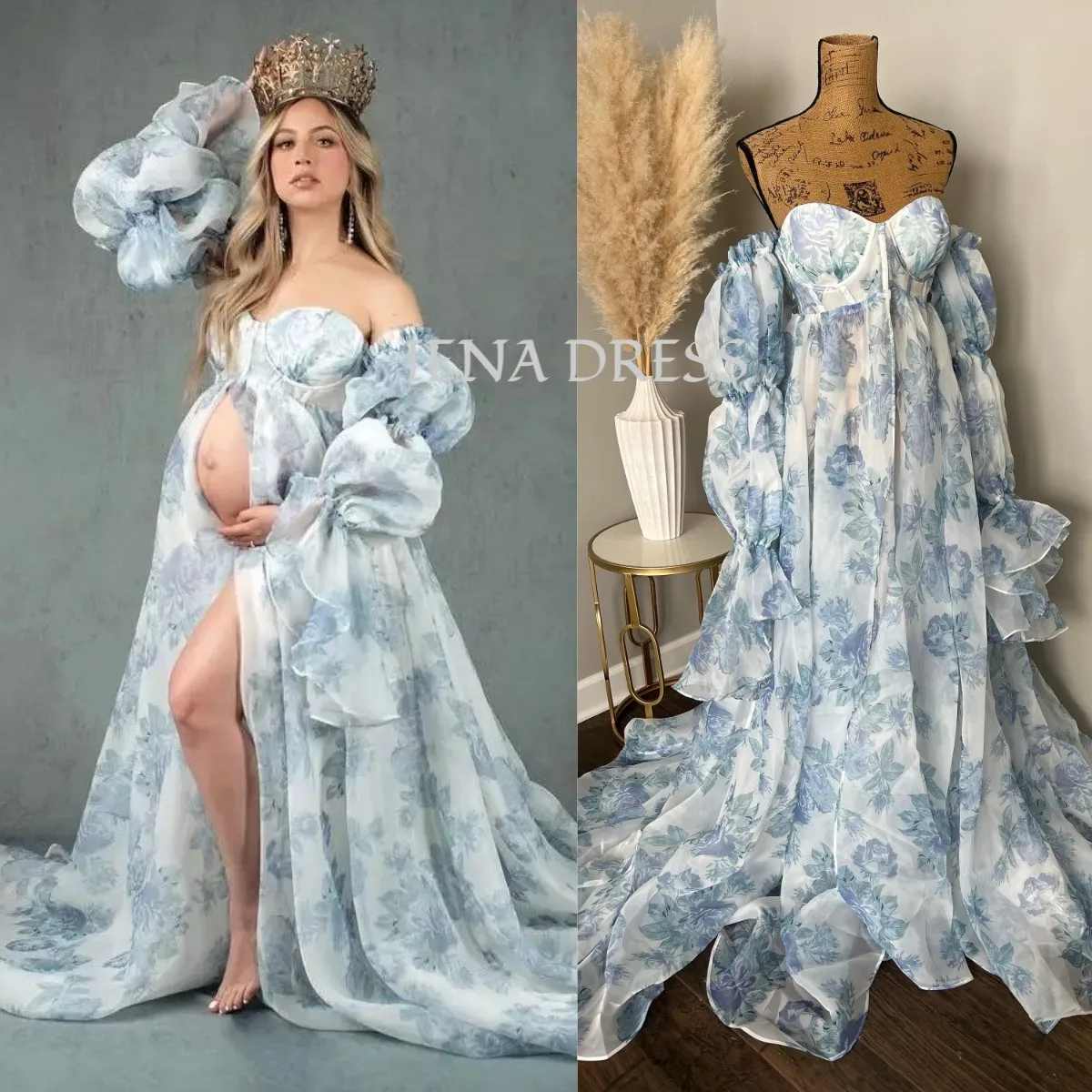 sachin and babi light blue dress Ruffle Off the Shoulder Baby Shower Maternity Dress – Glamix Maternity main image 0