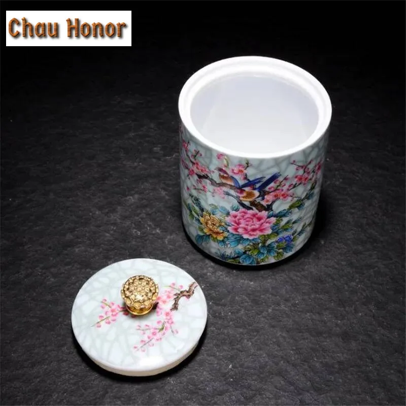 Art Bird Porcelain Tea Caddy Flower Bird Tea Box Handmade Crackle Glaze Lotus Button China Ceramic Sealing Storage Container
