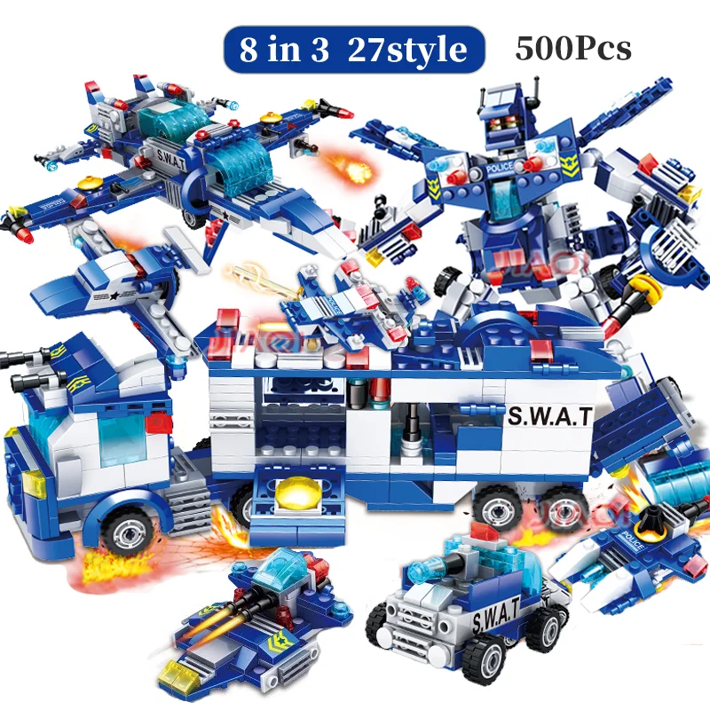 

2023 SWAT Police Department Command Car Robot Helicopter Building Block Model 67 Modeling Boys Kids Educational Toys Gift Toy