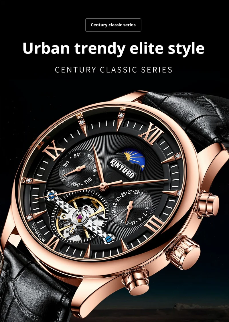 KINYUED Brandneue mechanische Mondphasenuhr für Herren, hohle Tourbillon-Uhren, Wochendatum, Herrenuhr, wasserdicht, automatische Uhren_voghion.com