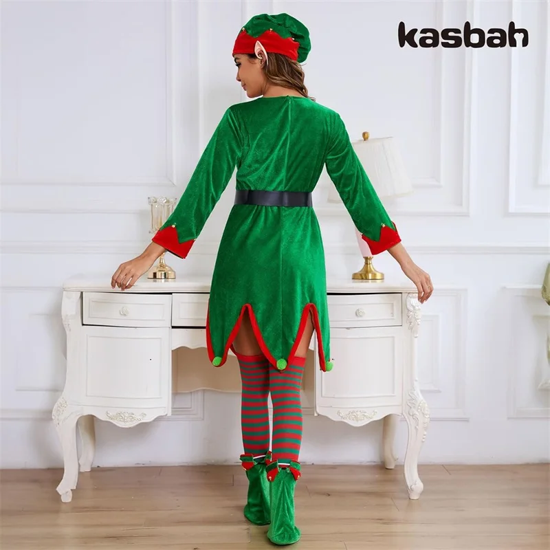 Christmas Women s Elf Costume Dress with Long Sleeves and Round Neckline featuring Contrast Colors and a Flattering A-Line