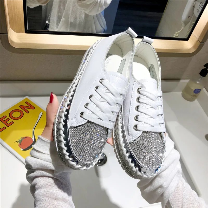 Lucyever Women Crystal Flat Shoes Autumn Fashion Bing Lace Up Ladies Casual Shoes Comfortable Round Toe Platform Sneakers