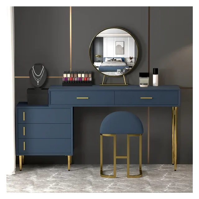 

NOVA Blue Wooden Makeup Table Leather Simple Dressing Table With Drawer And Chairs For Hotel Apartments Or Home Bedroom