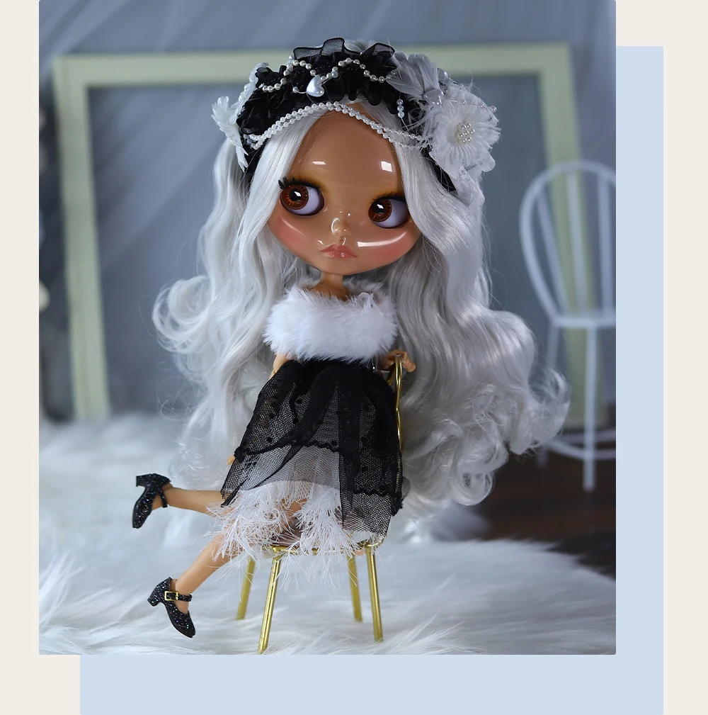 Neo Blythe Doll with Silver Hair, Tan Skin, Shiny Cute Face & Custom Jointed Body 3
