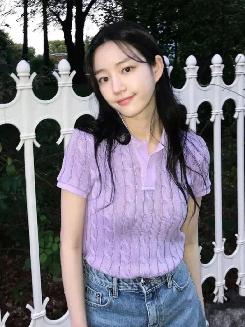 여성용 반팔 니트 풀오버, 네이비 스웨터, 캐주얼 점퍼, 턴 다운 넥, 용수철, 여름, 신상, 2021