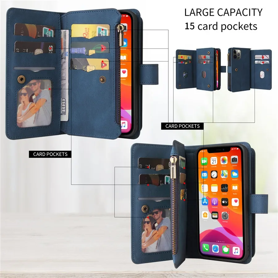 Multi 15-Card Zipper Leather Wallet Case