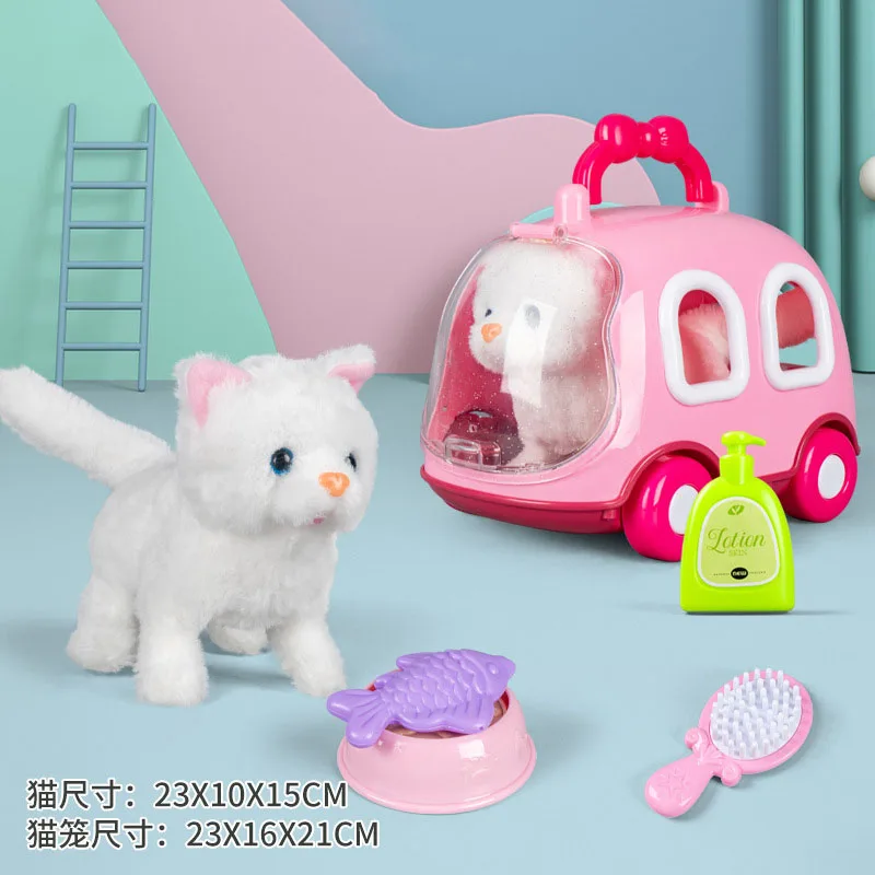 Children Play House Toys Simulation Electric Cute Kitten Handheld Cage Plush Rabbit Toys Will Bark and Jump Pet Animal