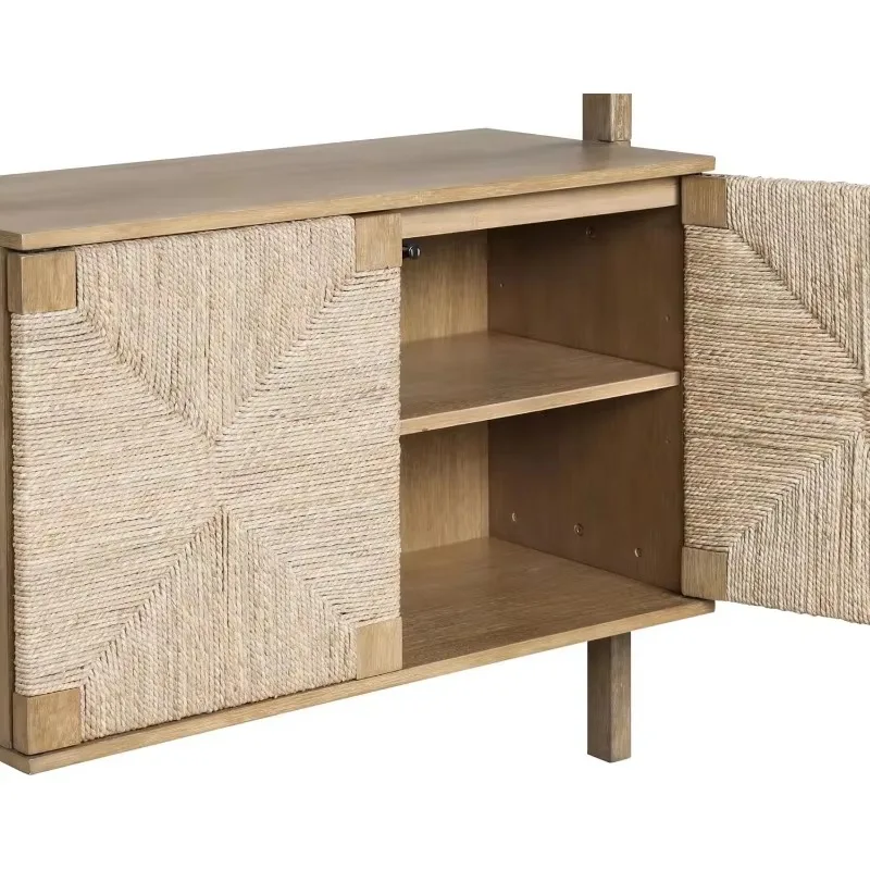with Storage Cabinet, Beacon 3-Shelf Solid Wood Bookshelf, Bohemian Wall Mounted Shelf with Seagrass Door Fronts 4