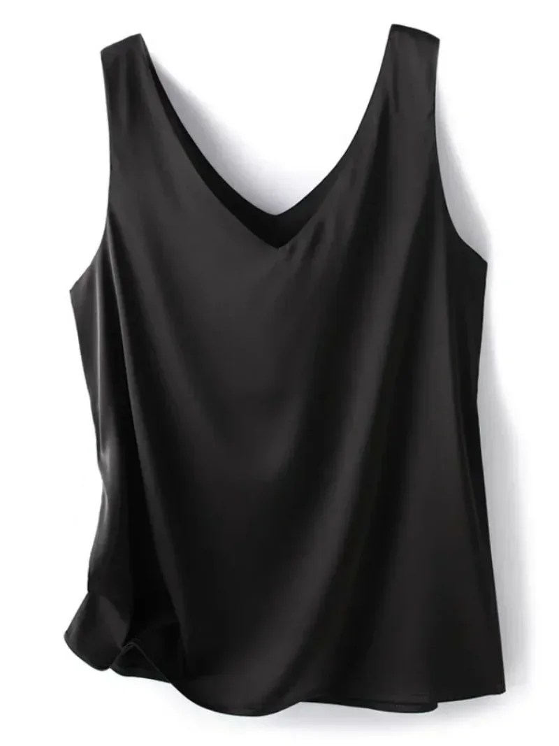 Woman T-shirts Elegant SILK Satin Blouse Sleeveless Female Summer Casual Loose Tanks and Camis Solid Green Tops for Women 5