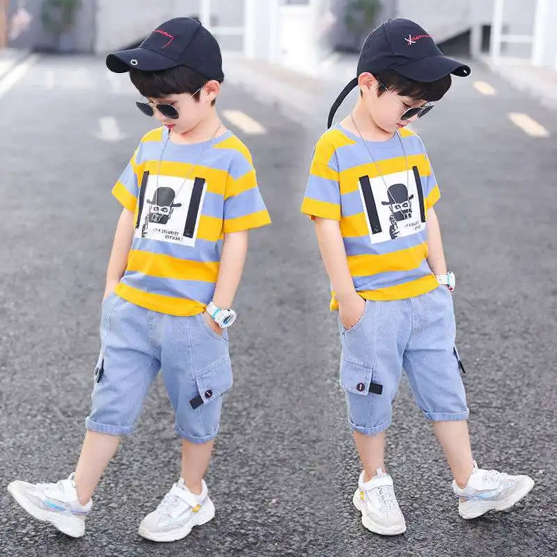 SummerBoysClothing2023KidsClothesStripeCottonTshirtJeansPant