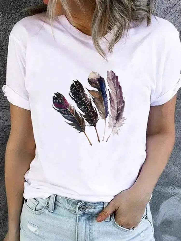

Feather Lovely Vintage Style Graphic T-shirt Ladies Print T Shirt Short Sleeve Clothes Women Clothing Fashion Basic Tee Top
