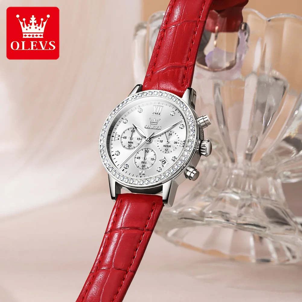 OLEVS Luxury Diamond Quartz Watch for Women Fashion Red Leather Strap Waterproof Chronograph Watches Ladies Relogio Feminino