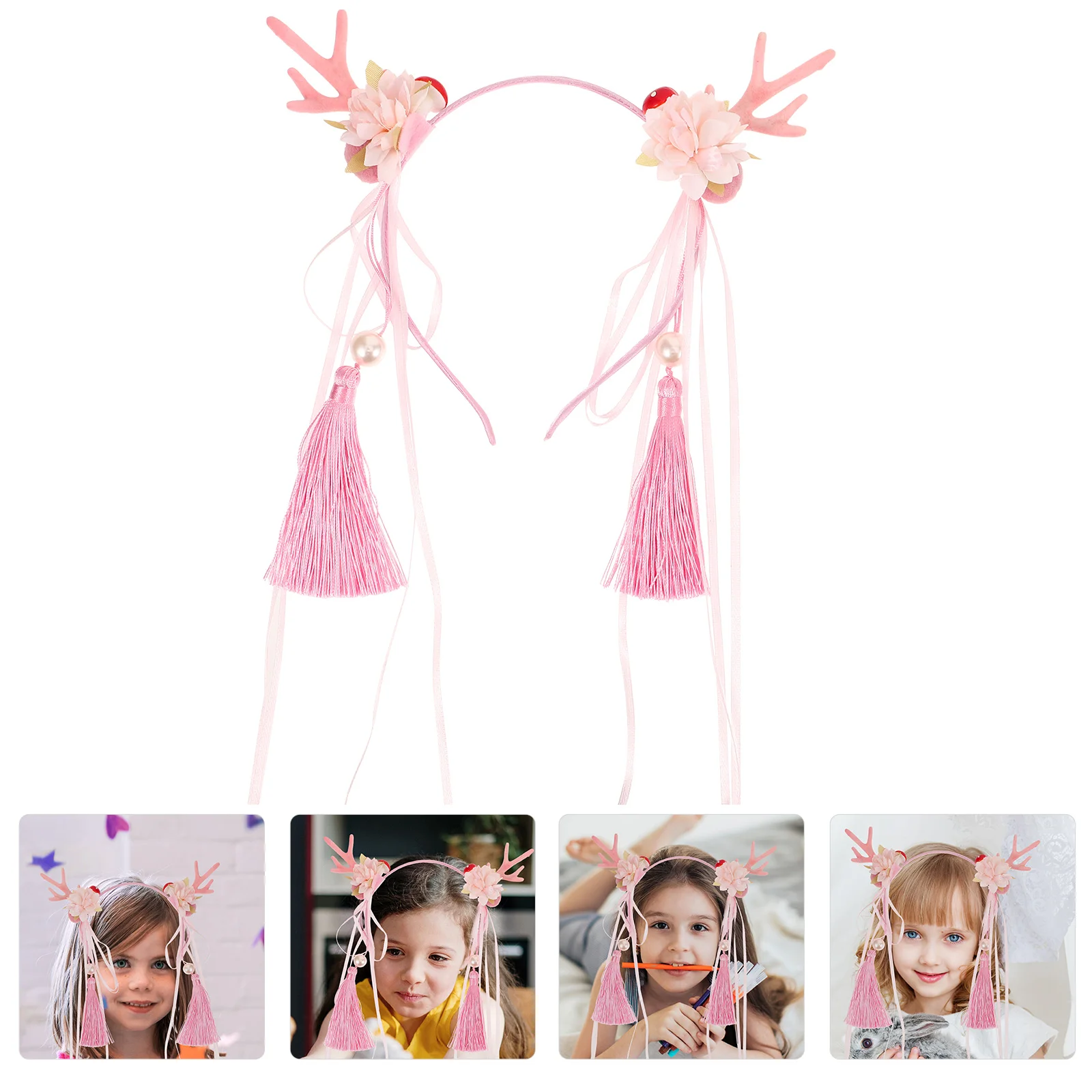 

Hair Ribbon Tassel Headband Christmas Deer Horn Little Girl Floral Fabric Child