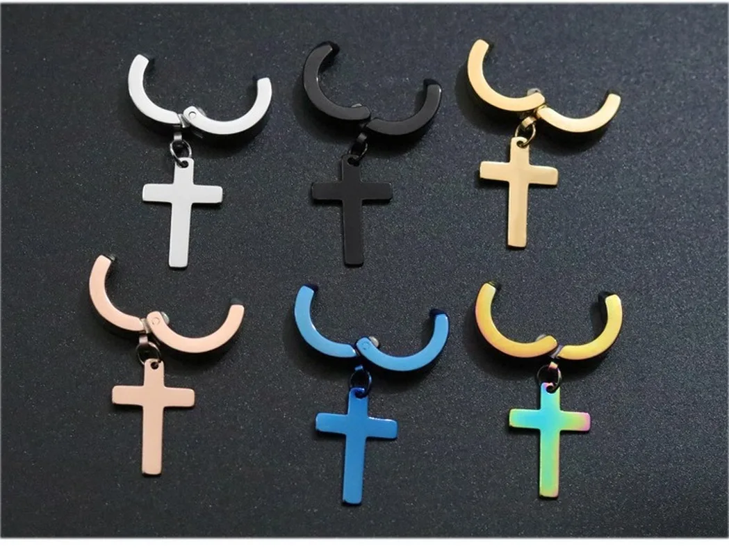 Ear Clip Earrings 1pc Fake Piercing Stainless Steel Clip on Non Piercing For Women Men Cross Gothic Punk Rock Drop Pendiente