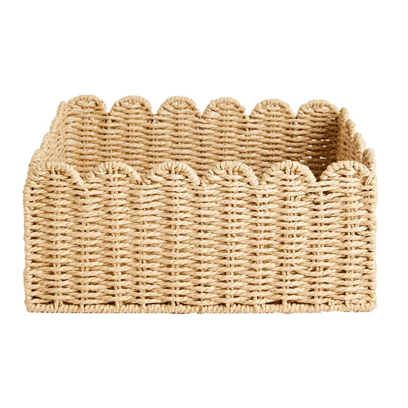 

Natural Hand-Woven Paper Rope Baskets With Scalloped Edge For Shelf Organization