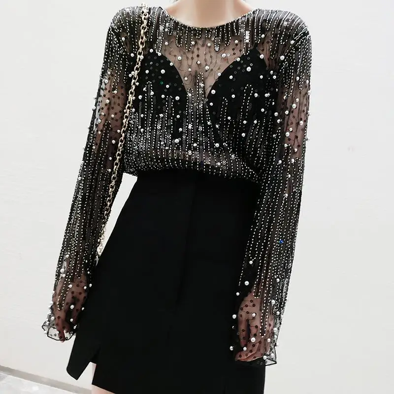 

Spring Women Sequins Chiffon Blouses Perspective Mesh Spliced T-Shirts Pearls Beaded Sexy Hollow O-Neck Tees Crop Tops