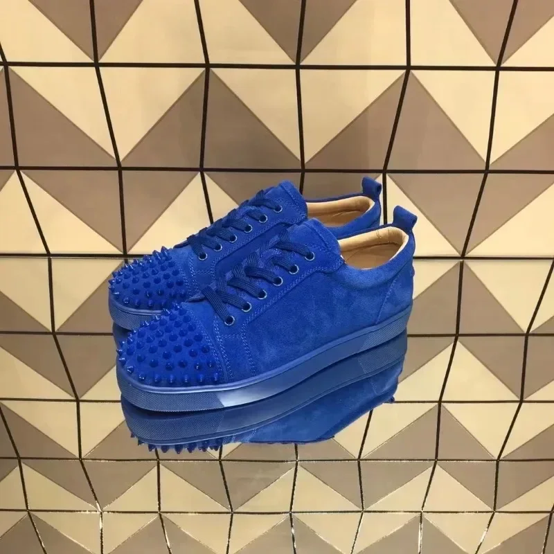 

Low Cut Red Bottom Shoes for Men Luxury High Quality Trainers Male Driving Spiked Bar Rivets Toecap Blue Suede Genuine Leather