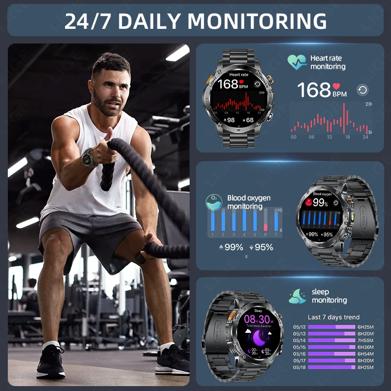 LIGE T-REX3 1000mAh Large Battery Durable Adult Smart Watch GPS Strong Flashlight 10ATM Waterproof BT Call Sports Smartwatch Men