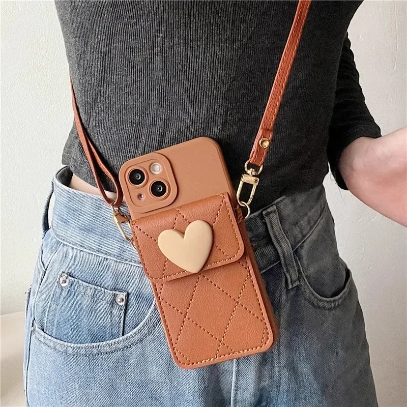 Chic Crossbody Lanyard Phone Case with 3D Necklace Strap and Card Slots - Love Heart Design