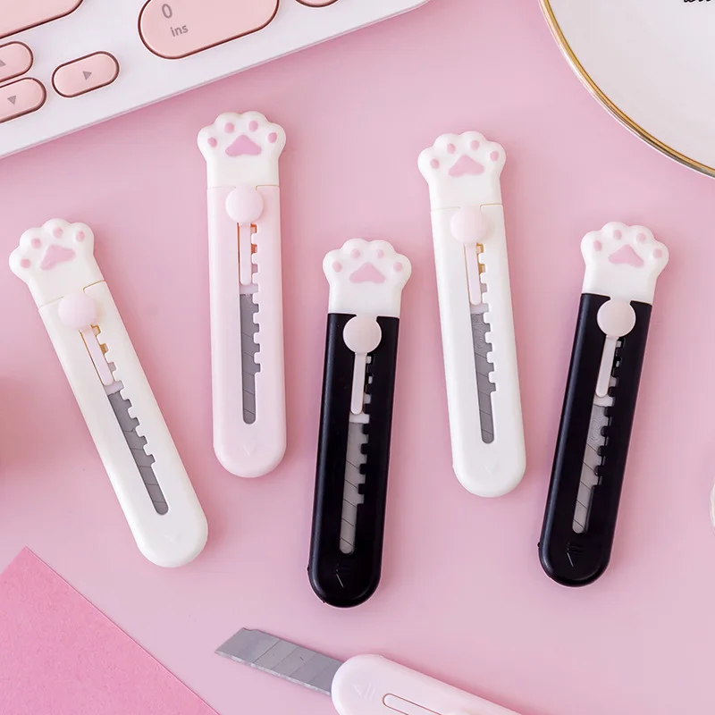 Kawaii Box Cutter Cute Box Cutter (2 Pcs) Cat Paw Box Cat Box Cutter Kawaii  Knife Mini Cute Pocket Knife Cute Knife For Cat Lovers (white, Light Pink)