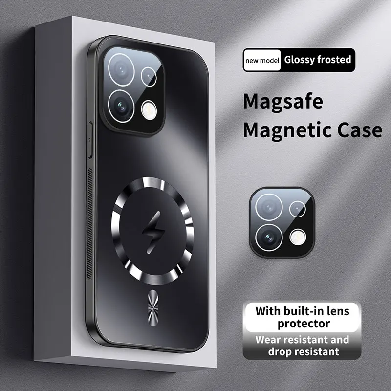 Magnetic Case with Camera Lens Protection and Wireless Charging - Shockproof Back Cover