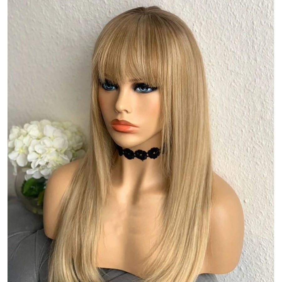 Soft Glueless Highlight Blonde With Bangs 26 '' Long European Human