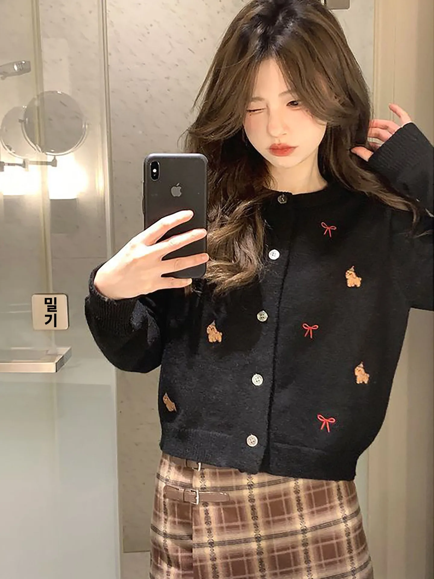 달콤한 자수 나비 매듭 강아지 짧은 가디건 스웨터 여성용 부드러운 루즈핏 가을 겨울 패션 캐주얼 탑