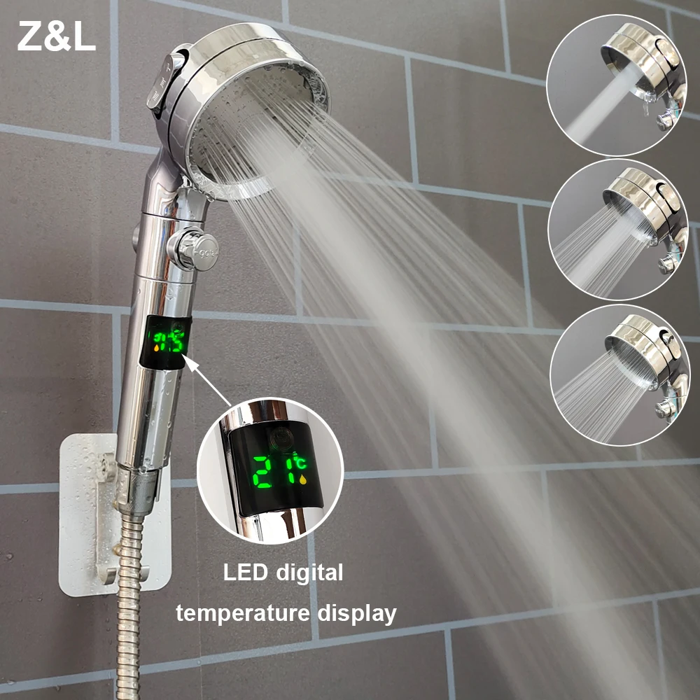 

LED Digital Temperature Display Bathroom Shower Head 3 Modes High Pressure Handheld Showerhead Water Saving with Stop Button