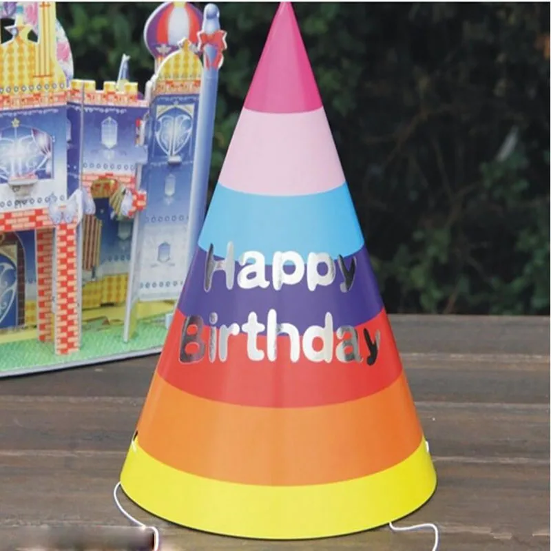 10 bunte gestreifte Kegelhüte, Happy Birthday Partyhüte, Kinderschmuck